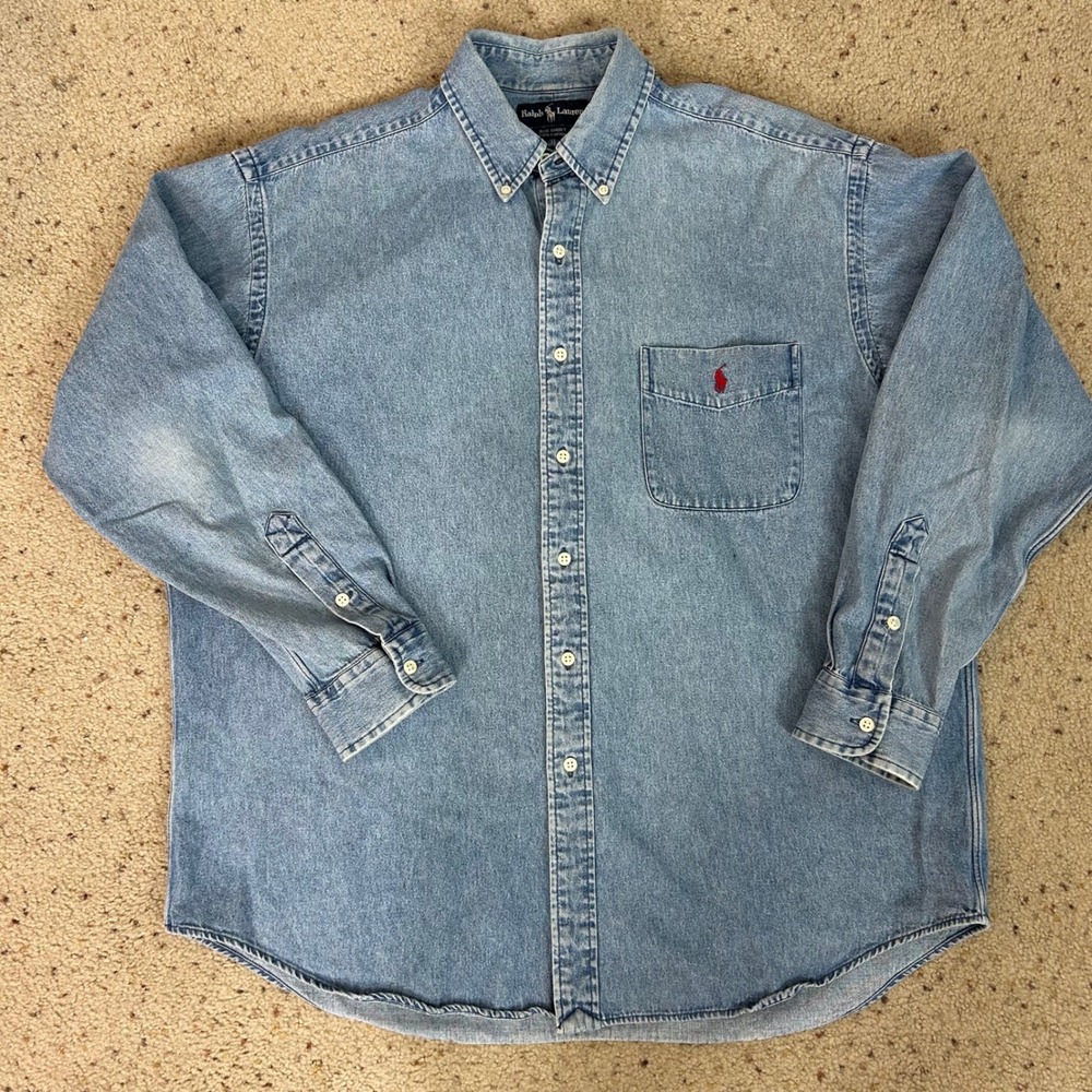 Vintage Ralph Lauren Button Down Shirt Blue Denim Big Shirt Size Large Mens
